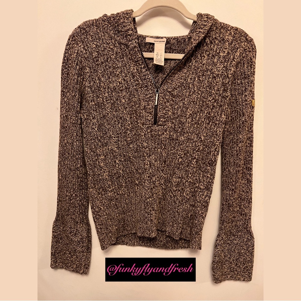 DKNY jeans-the perfect y2k zip up cable knit hoodie! Size L with x long sleeves.